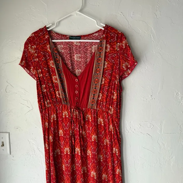 Floral Blooming Red‎ Boho Maxi Dress XXL Empire Waist Button V-Neck Cottagecore - Image 3