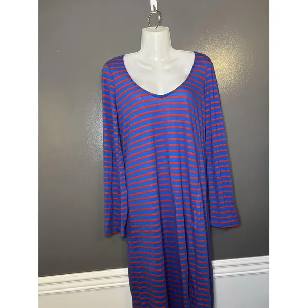 Free People Beach T Shirt Dress Womens Medium Blue Red Stripe Long Sleeve Maxi - Image 2