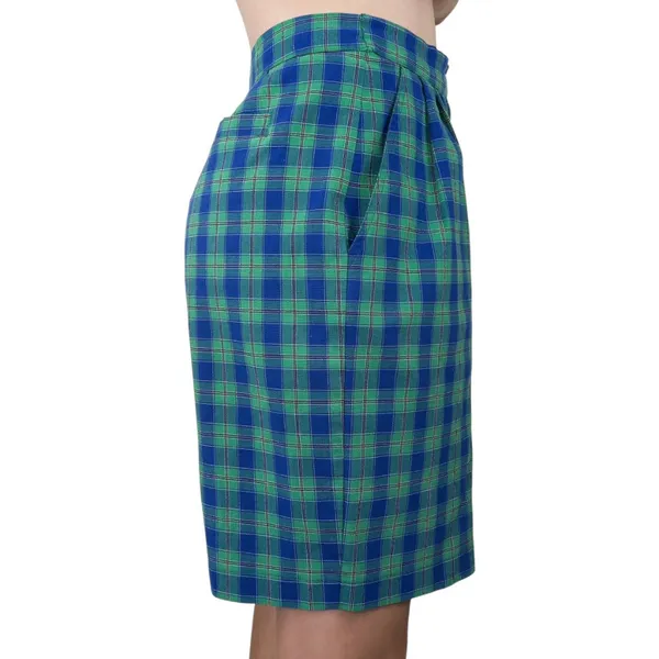 Vintage High Waisted Blue Green Plaid Shorts - Image 2