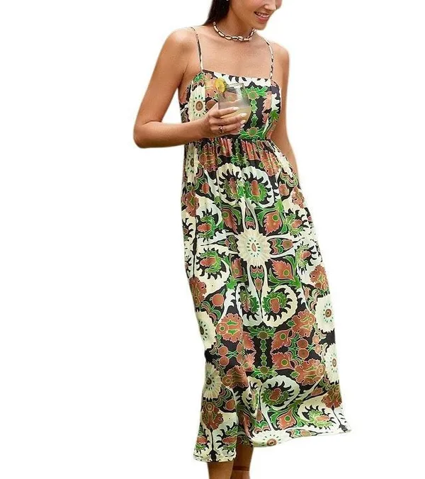 Cupshe Green Floral Print Cami Maxi Dress Medium - Image 3