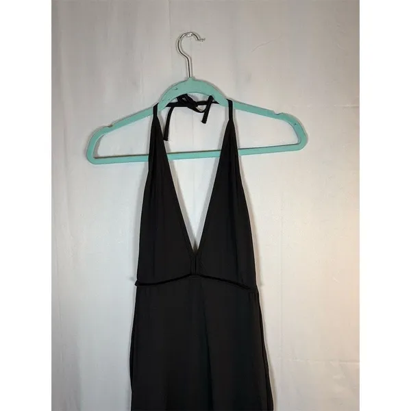Womens Black Halter Jumpsuit S Deep V Open Back Ruched Straight Leg 28 unbranded - Image 4