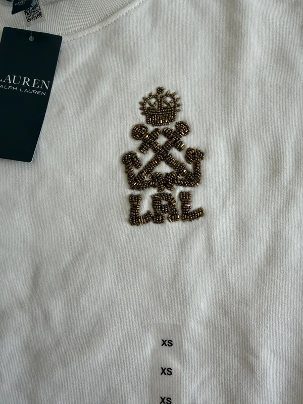 Lauren Ralph Lauren Women’s White Sweater Gold Button Beaded Logo NWT XS - Image 2
