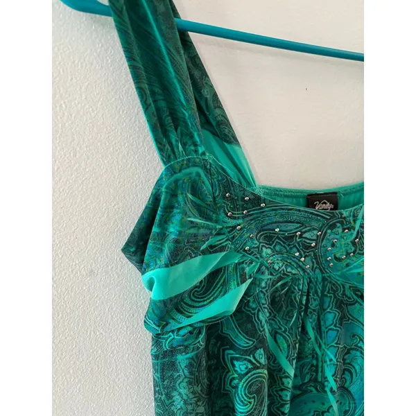 Vanity Womens Y2K Babydoll Dress Size Medium Green Paisley Fairy Mini Sleeveless - Image 6