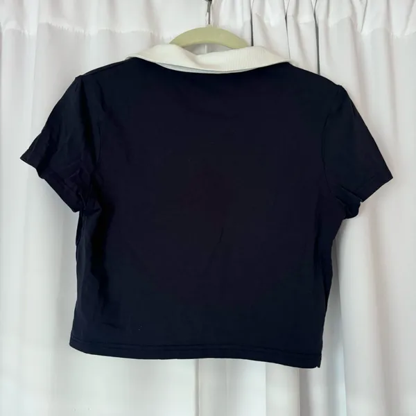SheIn Navy Blue & White Cropped Cotton Polo T-Shirt - Image 2