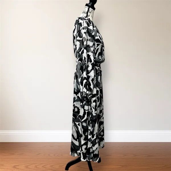 White House | Black Market Black White Chiffon Midi Dress Belted Sheer Sleeve Autumn Wedding Guest - Image 4