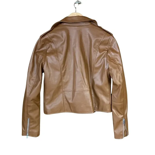 Nine West Womens Faux Leather Moto Jacket Cognac Brown Asymmetrical Zip Small - Image 3