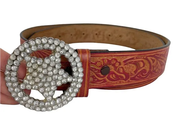 Western Embellished Star Bling Tooled Bonded Leather Belt Sz Large - Image 2