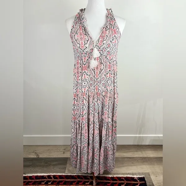 Club Monaco Silk Paisley Tiered Maxi Dress Tassel‎ Halter 00 - Image 7