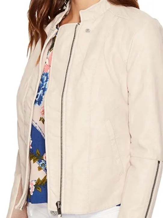 Free People Light Cream Women's Zip-Front Jacket Sz 6 faux Leather - Image 2