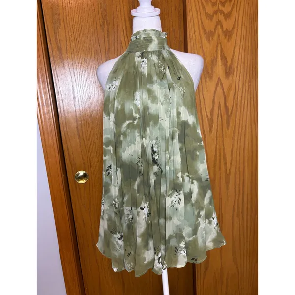 Anthropologie Sage Green Abstract Floral High Neck Open Back Halter Top Size M - Image 3