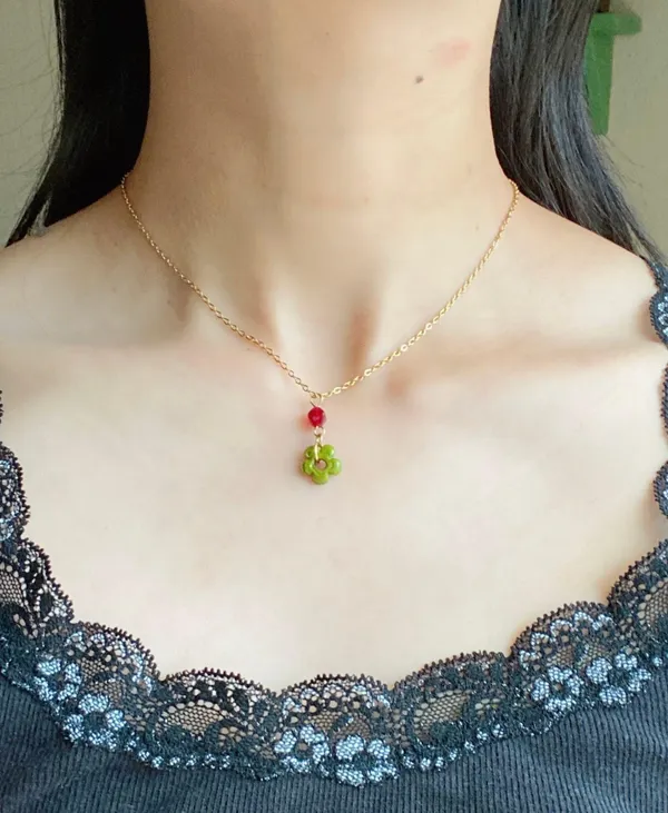 Handmade artisan chunky mini flower glass beads & red Czech glass beads cute fairy cottage chic necklace 💐🩵 - Image 4