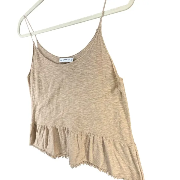 Zara Knit Peplum Camisole Top Women M Tan‎ Fringe Hem Spaghetti Strap Boho Chic - Image 3