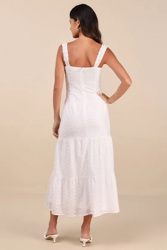 New Lulus Nerissa White Eyelet Embroidered Ruffled Drop Waist Midi Dress Size XS - Image 4