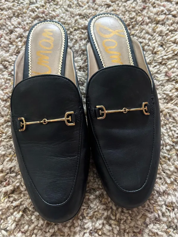 Black Leather Slip-On Mule Loafers with Gold Detail - Image 2