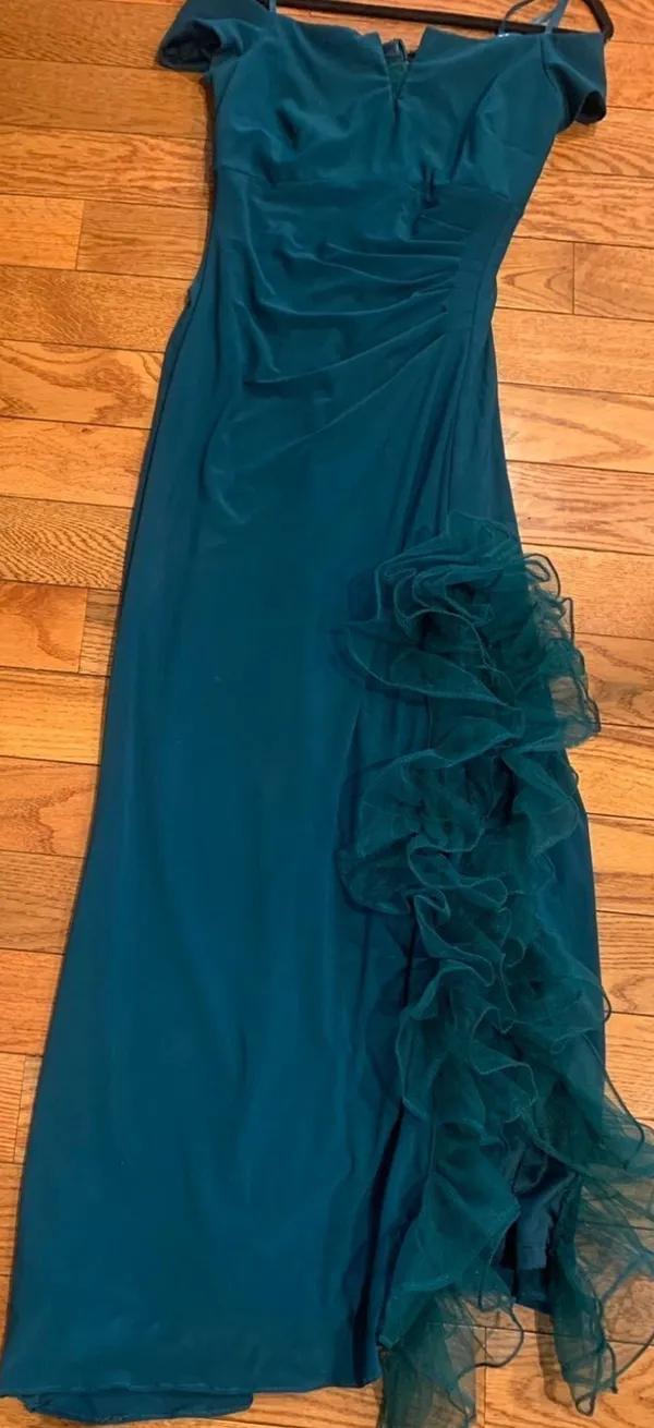 Xscape Off-The-Shoulder Ruched hunter green Gown with Custom Ruffle Detail 8 - Image 6