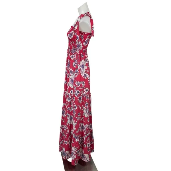 Love & Piece Pink Floral Tiered Smocked Sleeveless Tie Strap A Line Maxi Dress S - Image 3