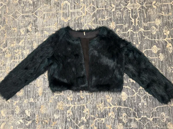 Free People Frankie Faux Fur Jacket Dark Emerald Green Teal Coat Size Medium - Image 10