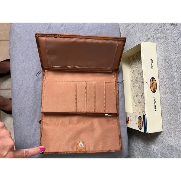 Vintage Fossil Patchwork Genuine Leather Trifold Wallet‎ Floral Tooled Boho New - Image 4