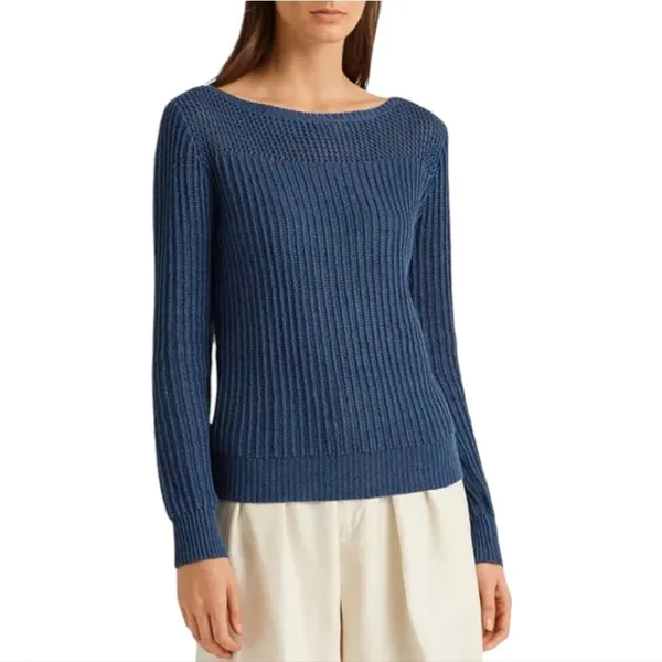 Lauren Ralph Lauren NWOT Mixed Knit Boatneck Sweater 100% Linen Steel Blue Sz XS - Image 2