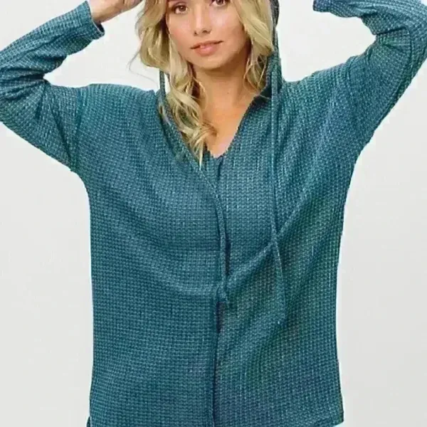 Dark‎ Teal V-Neck Waffle Knit Hoodie Top size S - Image 4