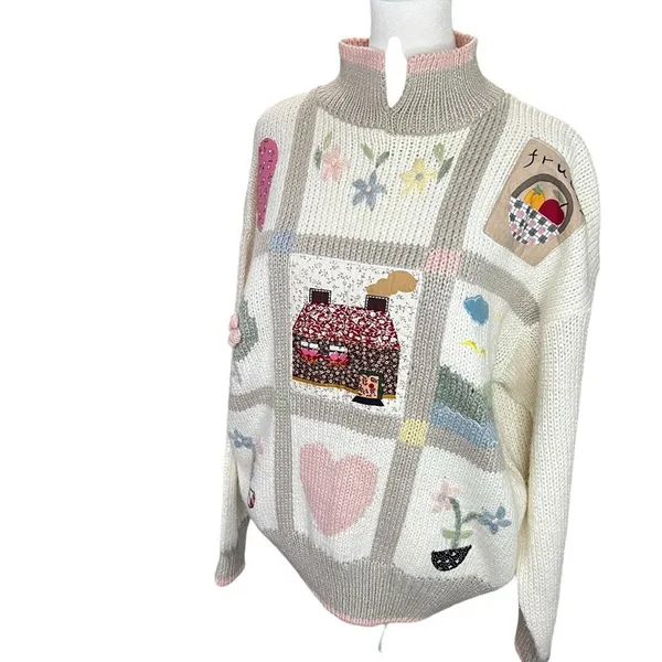 Vintage 90s High Gate Ltd Whimsical Knit Sweater Cottagecore Folk Art - Image 5