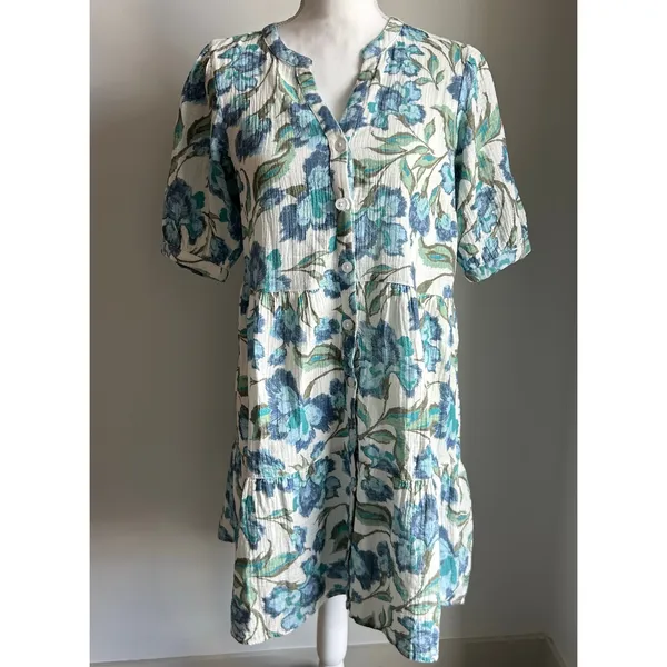 Garnet Hill Blue Floral Printed Organic Cotton Tunic Mini Dress Layered Size S - Image 2