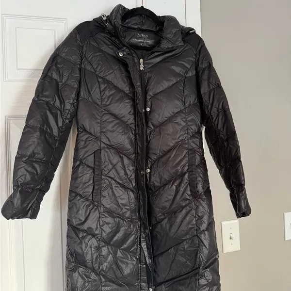 Ralph Lauren Ultra Light Weight 90% Down Fill Black Long Puffer Jacket With Hood - Image 7