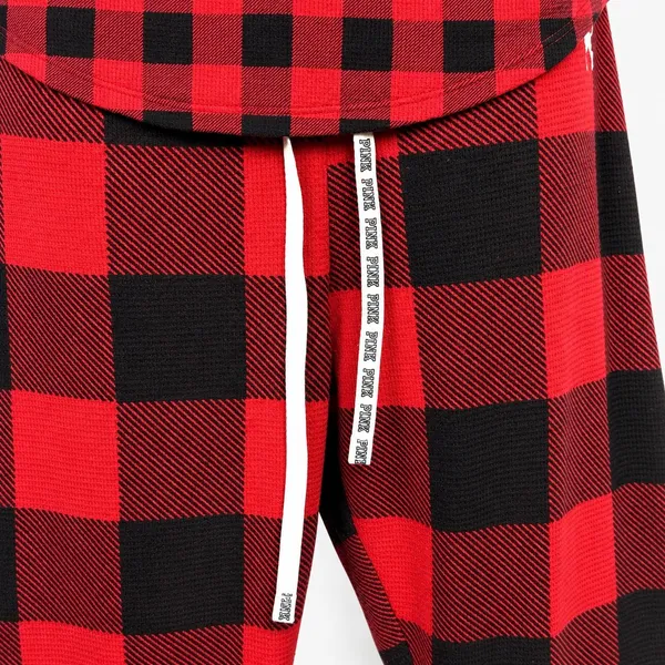 PINK Victoria's Secret Sleep Set Waffle Knit Women M Red Black Buffalo Plaid - Image 7