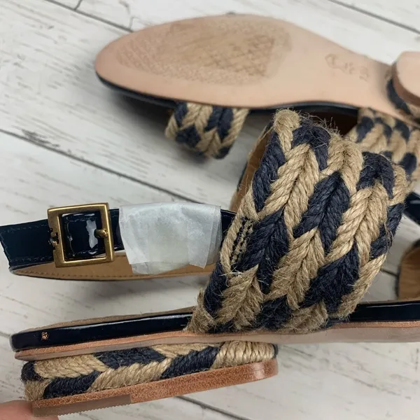 Tory Burch Lola Jute Sandals Woven Nautical Summer Boho Blue Heeled Navy Blue - Image 9