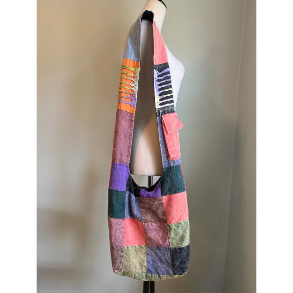 Patchwork Boho Hobo Cotton Multicolor whimsigoth grunge distressed colorful y2k Green - Image 3