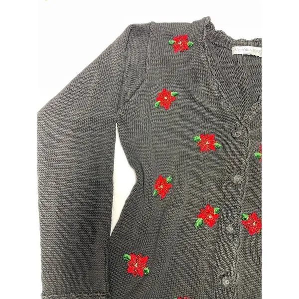 Victoria Jones VintageSweater Poinsettia Cardigan Beaded Christmas Grandma M - Image 3