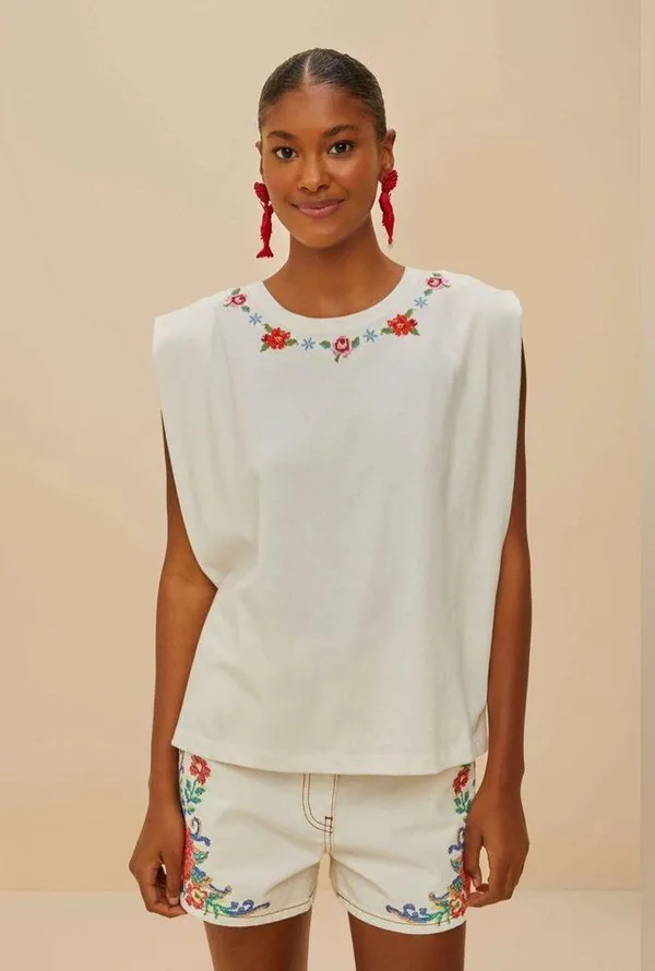 Farm Rio Off-White Cross Stitch Flowers Organic Cotton T-Shirt L - Image 3