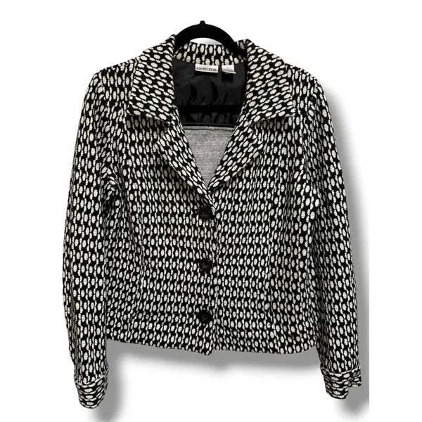 Chico's Black White Geometric Textured Knit Blazer Jacket Size‎ 1 Medium 8 - Image 2