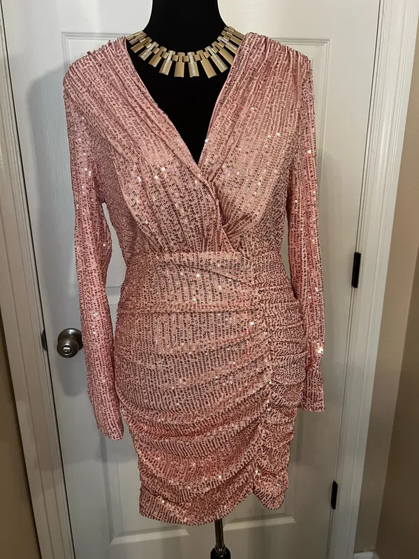 Pink sequin ruched mini dress - Image 2