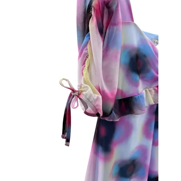 Topshop Paint Floral Mini Dress M‎ NWT Puff Sleeve Y2K Mesh Ruffle Tea - Image 4