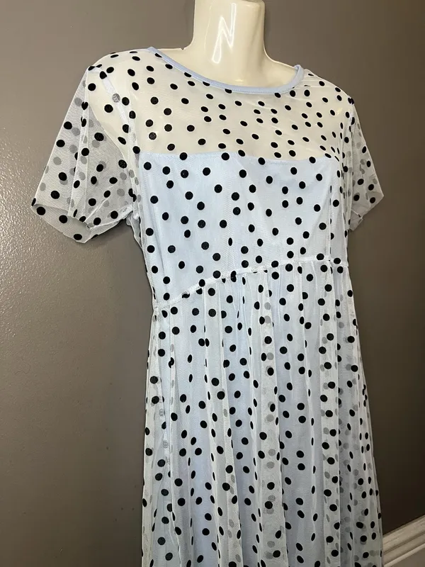 Wednesday's Girl Dress Womens Small Polka Dot Mesh Sheer Fit Flare Midi Blue - Image 4
