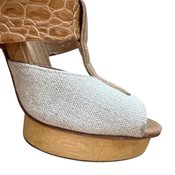 Tory Burch Georgina Linen Platform Heels Croc Leather Peep Toe‎ Sz 9 - Image 9