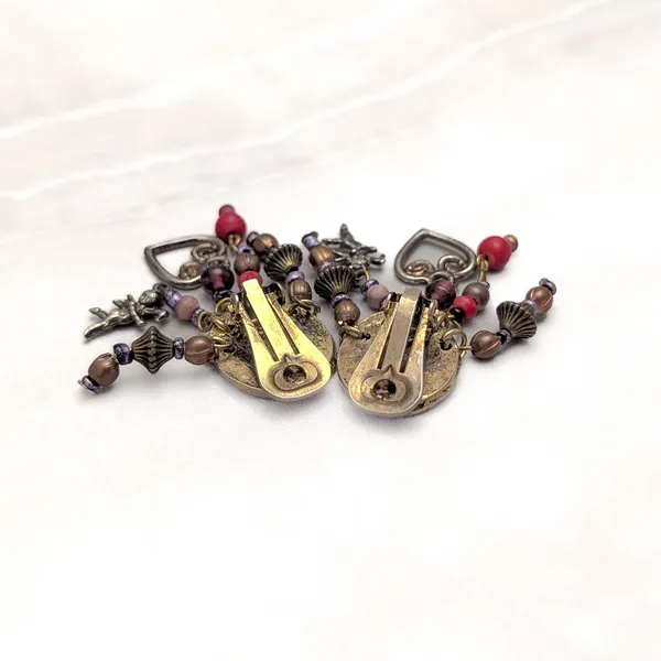 Vintage Clip On Earrings Statement Dark Gold Tone with Charms & Red/Brown Beads - Image 5