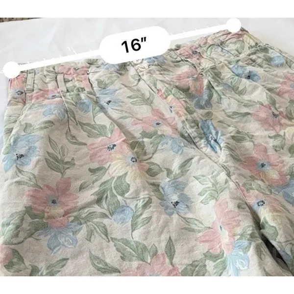 Vintage 90s Pastel Floral Linen Pants TARAZZIA Size Large Cottage Coastal Boho - Image 5