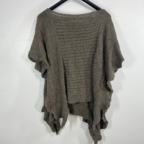 Free People Rosie Lee Poncho‎ Medium Brown Open Knit Ruffle Hem Boho Oversized - Image 2