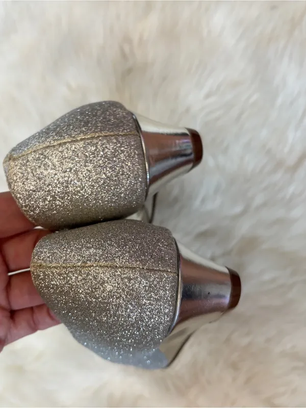 Silver Glitter Rhinestone Peep Toe Wedges - Image 5