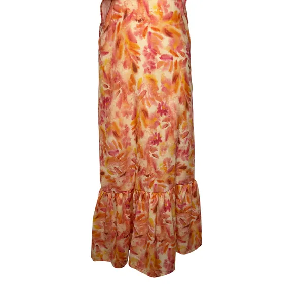 Micas Floral Ruffle Cut Out Maxi Dress Orange Pink Watercolor Size M NWT - Image 11