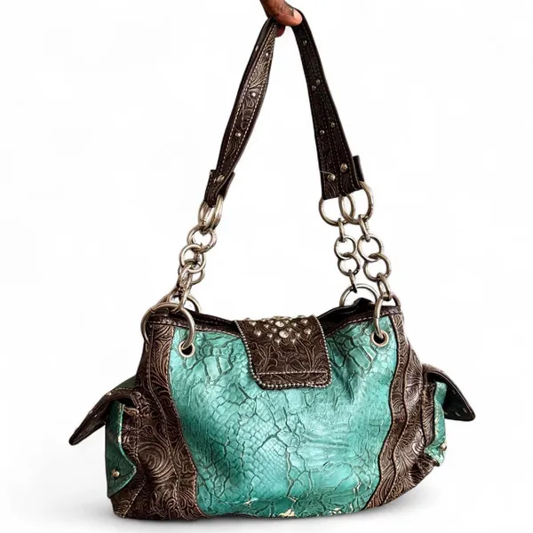 Y2K 2000s Western Mcbling Bimbo Goth Leather Rhinestone Large Buckle Hand Shoulder Bag Purse Preppy bedazzled silver stud blue turquoise brown #cowgirl #whimsygoth #grunge #punk #stagecoach festival Measurement in pics Some distressing see pics - Image 4
