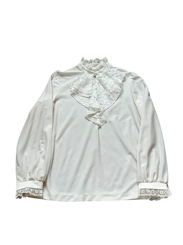 Vintage Women’s Victorian Blouse Cream Lace Ruffles Neck Edwardian Regency - Image 2