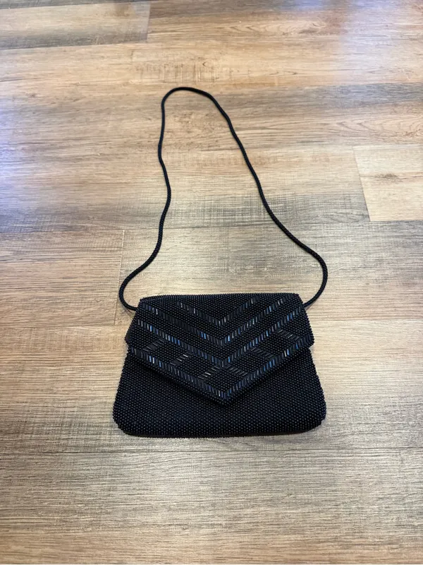 Source Unknown VNG Beaded Chevron Evening Crossbody Bag - Black Double Flap - Image 3