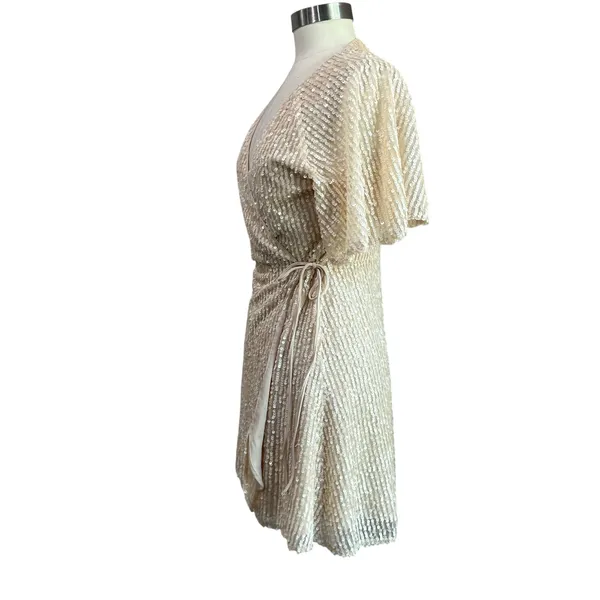 Zara Light Beige Sequin Mini Wrap Dress Party Cocktail Holiday Size‎ L - Image 2