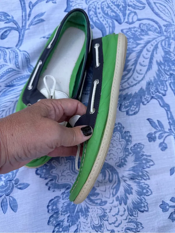 Sperry Top-Sider Vintage Leather Boat Shoes Silver Blue Green Womens Size 8 - Image 2