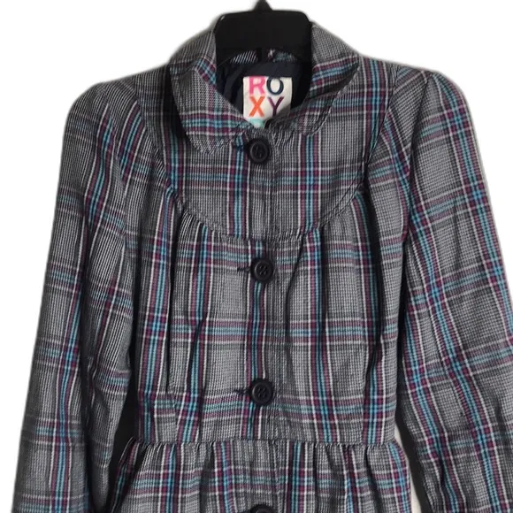 Vintage roxy plaid flannel fall‎ Y2K trench coat size small cute - Image 2