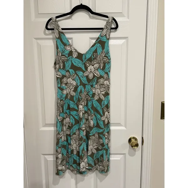 Tommy Bahama Floral Twist Front V-Neck Dress Olive Turquoise‎ White Size L - Image 6