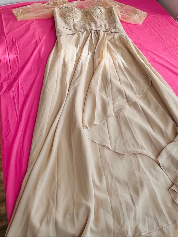 Elegant Lace Bodice Chiffon Evening Dress - Beige - Image 13